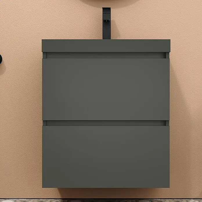 Artysan Conjunto de mueble de baño Kenia - Ancho: 60 cm, Ancho total del mueble de baño: 60 cm, Antracita, Mate, 2 pzs. - Mueble de baño gris con dos cajones y un diseño de grifo moderno, perfecto para baños elegantes.