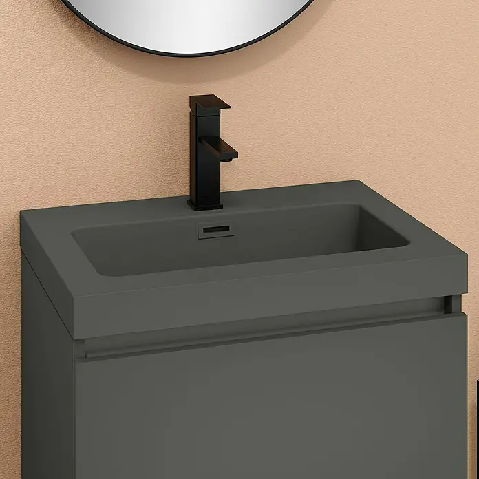 Artysan Conjunto de mueble de baño Kenia - Ancho: 60 cm, Ancho total del mueble de baño: 60 cm, Antracita, Mate, 2 pzs. - Primer plano de un mueble de lavabo gris con grifo negro y espejo redondo encima.