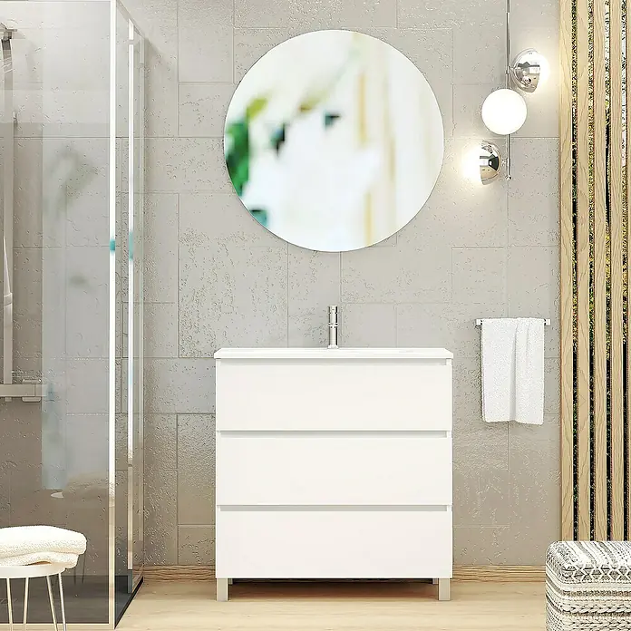Artysan Conjunto de mueble de baño Basic 3C - Ancho: 80 cm, Ancho total del mueble de baño: 80 cm, Blanco, Mate, 3 pzs. - Interior de baño moderno con un tocador blanco con cajones, un espejo redondo y accesorios de iluminación elegantes.