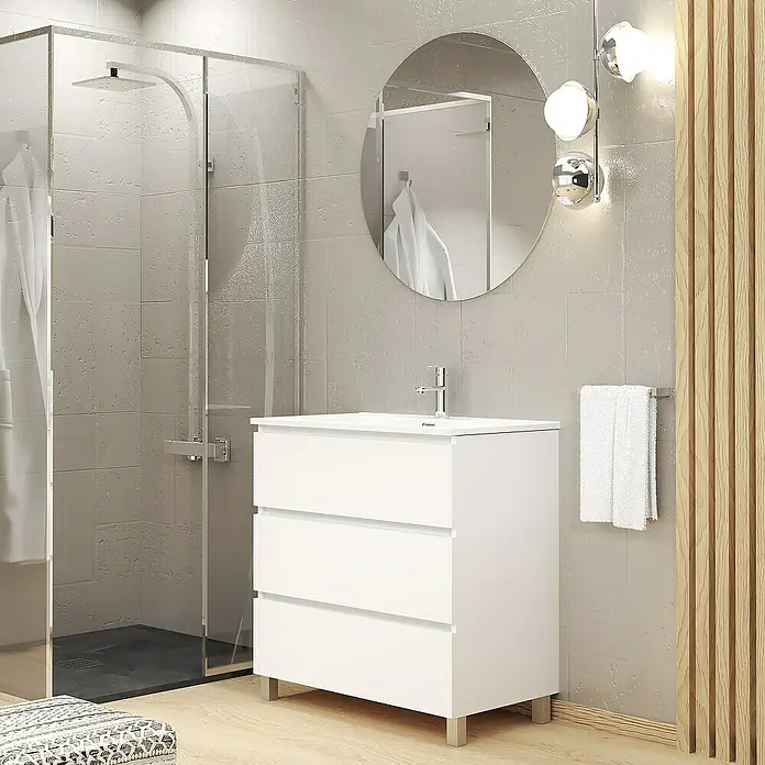 Artysan Conjunto de mueble de baño Basic 3C - Ancho: 80 cm, Ancho total del mueble de baño: 80 cm, Blanco, Mate, 3 pzs. - Un baño moderno con mueble de lavabo blanco con cajones, espejo redondo y ducha con mampara de cristal.