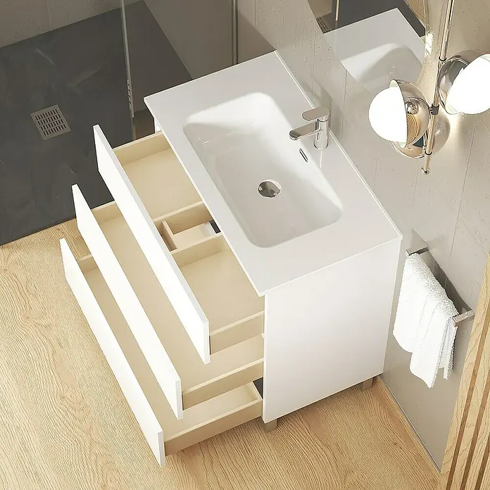 Artysan Conjunto de mueble de baño Basic 3C - Ancho: 80 cm, Ancho total del mueble de baño: 80 cm, Blanco, Mate, 3 pzs. - Un tocador blanco con un diseño de cajones abiertos ofrece un práctico almacenamiento en el baño. El grifo presenta un diseño moderno.