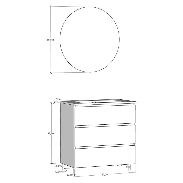 Artysan Conjunto de mueble de baño Basic 3C - Ancho: 80 cm, Ancho total del mueble de baño: 80 cm, Roble waira, 3 pzs. - Boceto de un mueble de baño con tres cajones y un espejo redondo encima, con dimensiones detalladas indicadas.