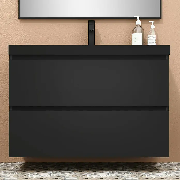 Artysan Conjunto de mueble de baño Kenia - Ancho: 100 cm, Ancho total del mueble de baño: 100 cm, Negro, Mate, 2 pzs. - Elegante mueble de lavabo negro con dos cajones, perfecto para baños modernos. Ofrece soluciones de almacenamiento elegantes con estética contemporánea.