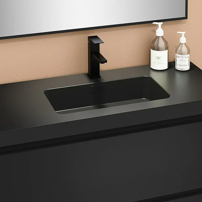Artysan Conjunto de mueble de baño Kenia - Ancho: 100 cm, Ancho total del mueble de baño: 100 cm, Negro, Mate, 2 pzs. - Elegante lavabo negro con grifo moderno y dispensadores de jabón estilosos, perfecto para un diseño de baño lujoso.