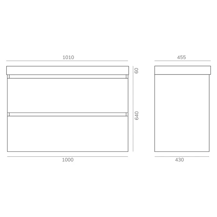Artysan Conjunto de mueble de baño Kenia - Ancho: 100 cm, Ancho total del mueble de baño: 100 cm, Negro, Mate, 2 pzs. - Dibujo técnico detallado de un tocador de baño con dos cajones, que muestra las medidas y dimensiones precisas del producto.