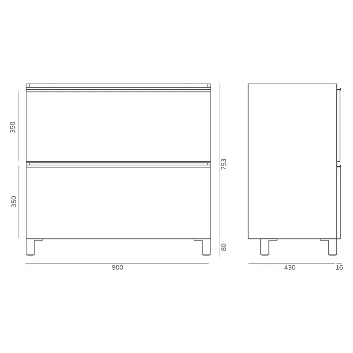 Artysan Mueble bajo de lavabo Barcelona 2C - L x An x Al: 44,6 x 90 x 83,3 cm, Roble waira - Diagrama de un mueble de baño de dos niveles con dimensiones precisas para diseño y planificación.