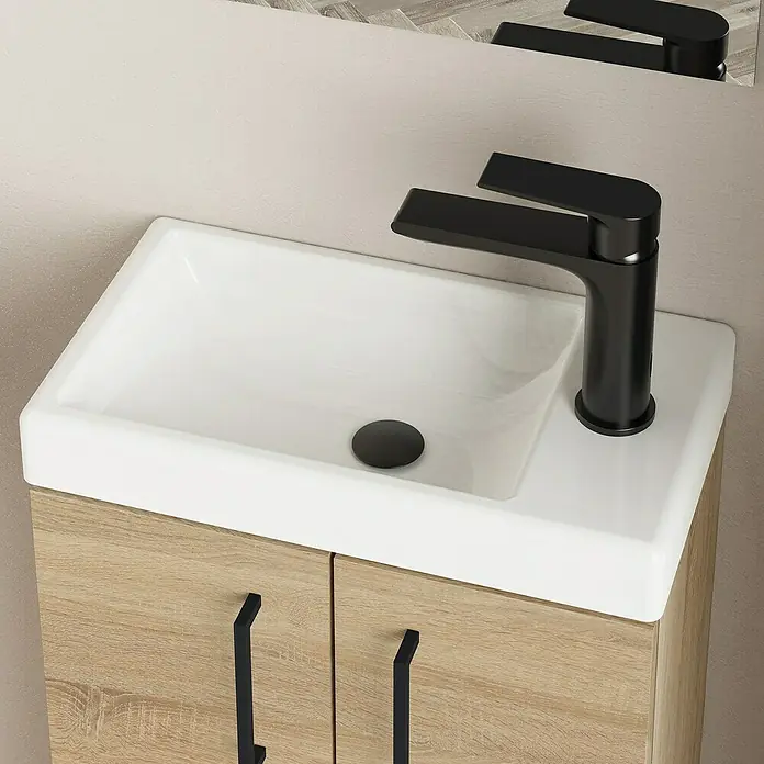 Artysan Conjunto de mueble de baño Super Mini - Natural, 3 pzs. - Elegante lavabo con grifo negro y mueble de madera. El mueble de baño perfecto para baños modernos con estilo y funcionalidad.