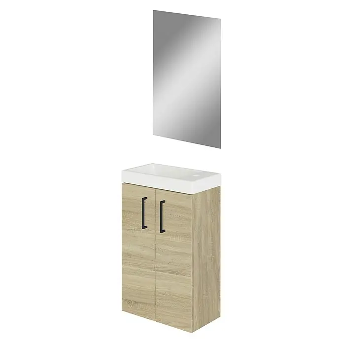 Artysan Conjunto de mueble de baño Super Mini - Natural, 3 pzs. - Un tocador de baño con lavabo y espejo. El armario tiene dos puertas con manijas negras y un acabado de veta de madera clara.
