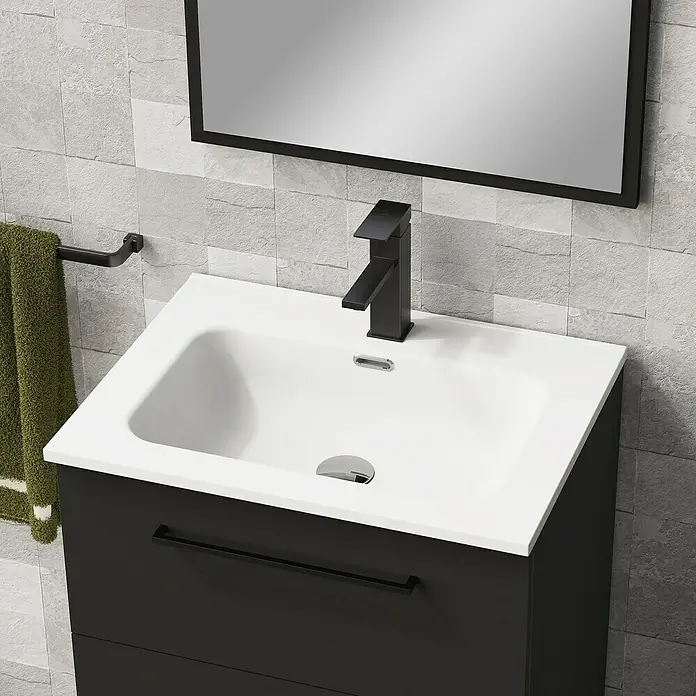 Artysan Mueble bajo de lavabo Arosa 3C - L x An x Al: 44,6 x 60 x 83,3 cm, Negro - Elegante lavabo de baño con armario negro y grifo estiloso. El tocador ofrece un amplio espacio de almacenamiento y un diseño moderno para cualquier baño.