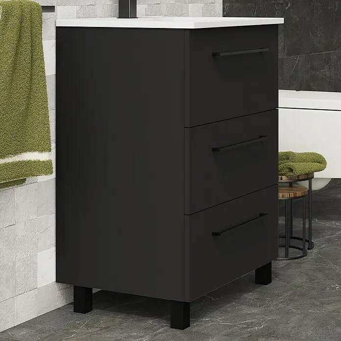 Artysan Conjunto de mueble de baño Arosa 3C - Ancho: 60 cm, 3 pzs., Negro, Mate - Mueble de baño con tres cajones y encimera blanca. El mueble se coloca en un baño moderno.