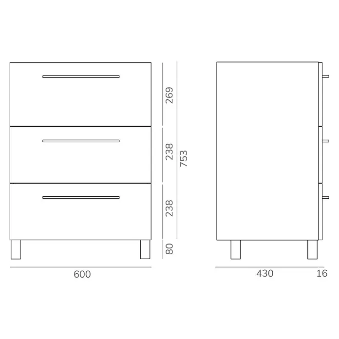 Artysan Mueble bajo de lavabo Arosa 3C - L x An x Al: 44,6 x 60 x 83,3 cm, Blanco - Dibujo de una cómoda con tres cajones, que tiene 600 mm de ancho y 753 mm de alto. La profundidad de la cómoda es de 430 mm.