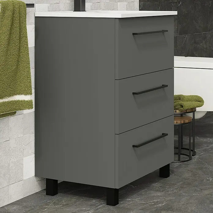 Artysan Conjunto de mueble de baño Arosa 3C - Ancho: 60 cm, 3 pzs., Antracita, Mate - Mueble de baño gris con tres cajones, tiradores y patas negras, con una encimera blanca.