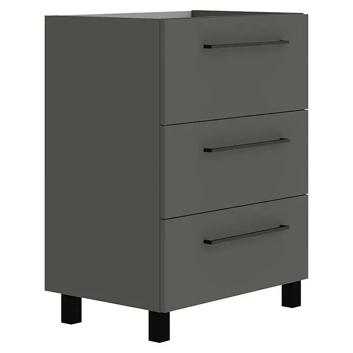 Artysan Mueble bajo de lavabo Arosa 3C - L x An x Al: 44,6 x 60 x 83,3 cm, Antracita - Mueble de baño gris con tres cajones y tiradores negros, ideal para el almacenamiento y la organización en el baño.