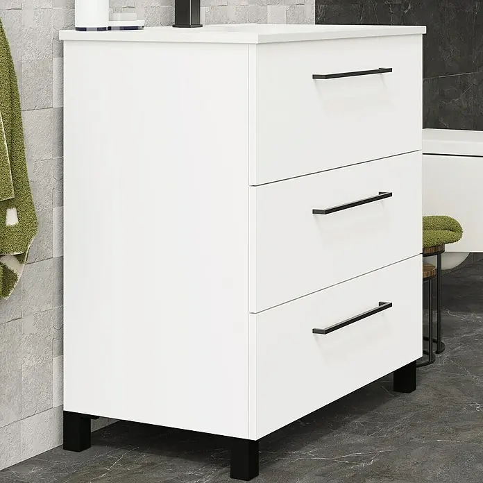 Artysan Conjunto de mueble de baño Arosa 3C - Ancho: 80 cm, 3 pzs., Blanco, Mate - Mueble de baño blanco con tres cajones y tiradores negros, un elegante complemento para cualquier baño moderno.