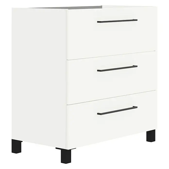 Artysan Mueble bajo de lavabo Arosa 3C - L x An x Al: 44,6 x 80 x 83,3 cm, Blanco - Mueble de baño blanco con tres cajones y tiradores negros. Un mueble elegante para tener almacenaje adicional.
