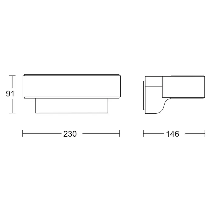 Steinel LED-Sensor-Außenwandleuchte L 810 SC anthrazit - L x B x H: 14,6 x 23 x 9,1 cm - Technische Zeichnung einer stilvollen Wandleuchte mit Maßen für Design und Installation. Die Leuchte vereint Funktionalität mit modernem Stil.