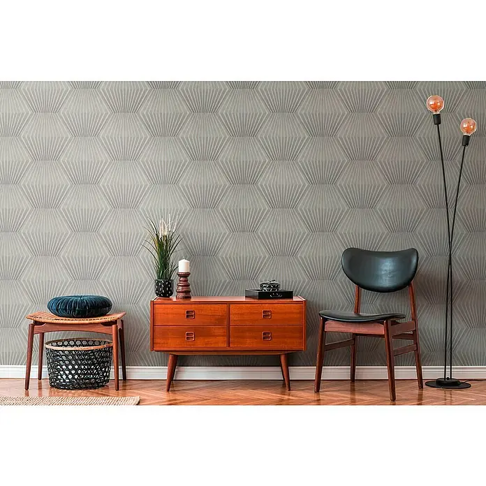 A.S. Création Titanium 3 Vliestapete 3D-Effekt Waben - Grau, 3D-Optik, 10,05 x 0,53 m - Interior Design mit Vintage Möbeln und auffälliger Wandgestaltung im Retro Stil. Gemütliches Ambiente mit Stehlampe und Deko Elementen.