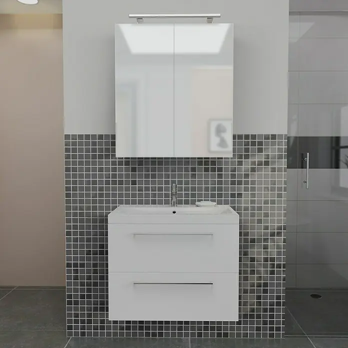 Camargue Espacio Badmöbel-Set G11 - 80 cm, Mira - Badezimmerwaschtisch mit Waschbecken, zwei Schubladen und Spiegelschrank. Der Waschtisch ist weiß und modern gestaltet.