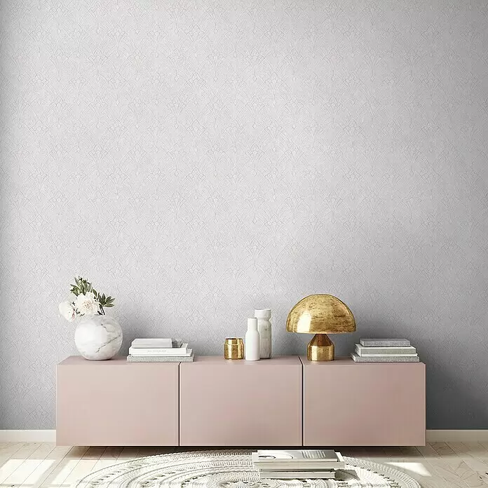 A.S. Création Mata Hari Vliestapete Oriental - Rosa/Beige, Grafisch, 10,05 x 0,53 m - Art-déco-Fächermuster-Tapete in Hellgrau und Rosa schmückt eine Wand und schafft eine elegante Kulisse.