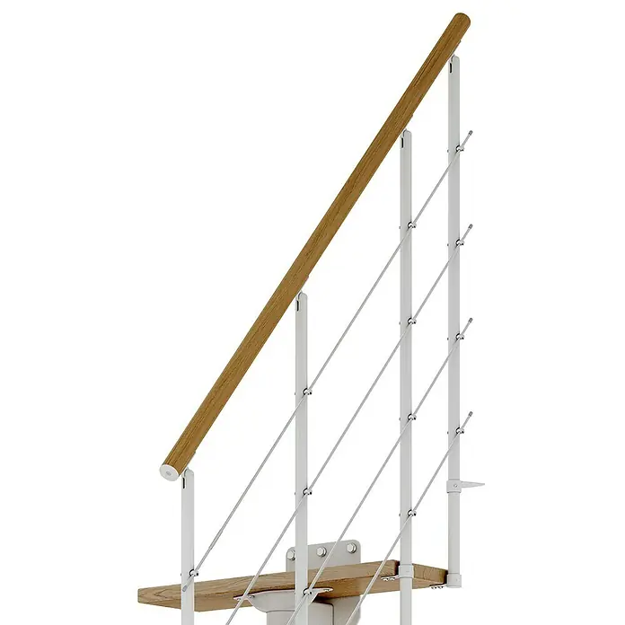 Dolle Mittelholmtreppe Boston - Breite: 74 mm, Verkehrsweiß, Gerade, Farbe Stufen: Eiche Natur, Geschosshöhe: 228 cm - 300 cm - Detailaufnahme einer modernen Treppe mit Holzhandlauf und Stahlseilgeländer. Die Kombination aus Holz und Stahl verleiht ihr ein elegantes Aussehen.