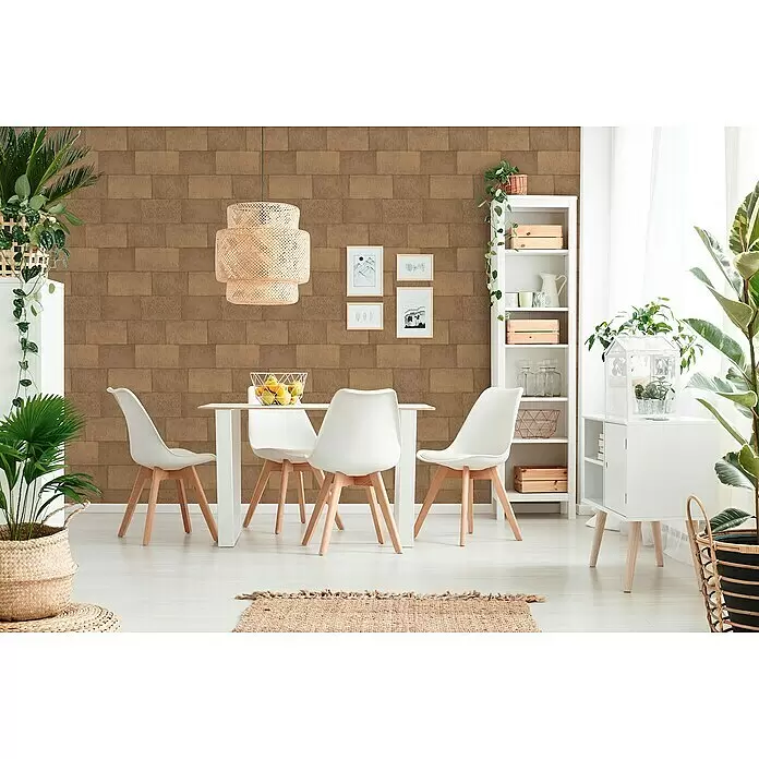 A.S. Création Titanium 3 Vliestapete - Kupfer, Steinoptik, 10,05 x 0,53 m - Braune strukturierte Blocktapete an einer Esszimmerwand, die eine natürliche, warme Atmosphäre schafft.