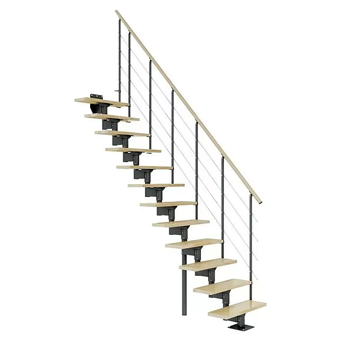 Dolle Mittelholmtreppe Boston - Breite: 74 mm, Anthrazitgrau, Gerade, Farbe Stufen: Buche Natur, Geschosshöhe: 228 cm - 300 cm - Moderne Modultreppe mit hellen Holzstufen, dunklen Metallstützen und Holzhandlauf mit Metallseilgeländer.