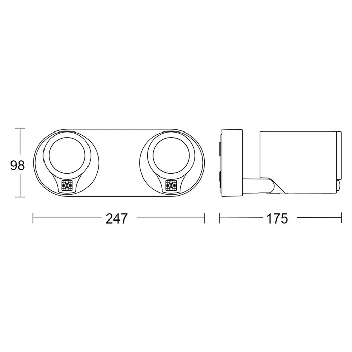 Steinel LED-Sensor-Außenwandleuchte Spot Duo S anthrazit - 14,95 W, L x B x H: 9,8 x 24,7 x 17,5 cm, Anthrazit, Warmweiß - Technische Zeichnung einer Doppelstrahler-Leuchte mit Maßen für Höhe (98), Länge (247) und Ausladung (175).