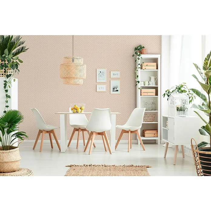 A.S. Création Trendwall 2 Vliestapete Art Deco groß - Hellrosa, Grafisch, 10,05 x 0,53 m - Ein heller Essbereich mit einem Holztisch, weißen Stühlen und einer dekorativen Pendelleuchte. Eine einladende und stilvolle Atmosphäre.