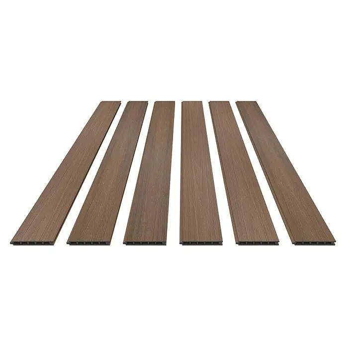 Dioco Valla Smartwall doble - 179 x 200 cm, Marrón/Antracita, Madera - Un primer plano de seis tablas de cubierta marrones. Las tablas son de material compuesto y tienen un patrón de vetas de madera para un aspecto natural.