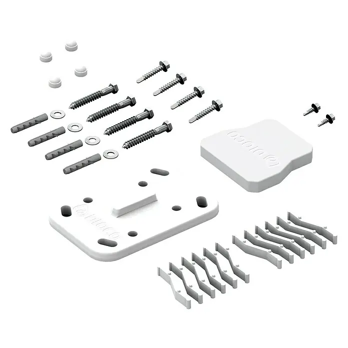 Dioco Valla Smartwall doble - 179 x 200 cm, Blanco, Aluminio - Imagen del producto de un kit de montaje Cableblock con tornillos, tacos y tapas para la organización de cables.