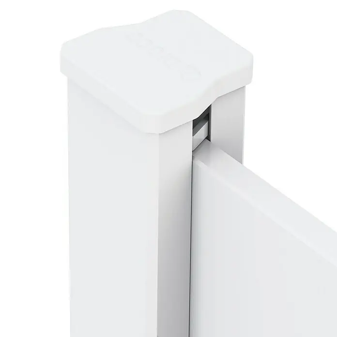 Dioco Valla Smartwall doble - 179 x 200 cm, Blanco, Aluminio - Primer plano de un poste de cerca blanco con una tapa, que ofrece un aspecto limpio y moderno para cualquier espacio exterior.