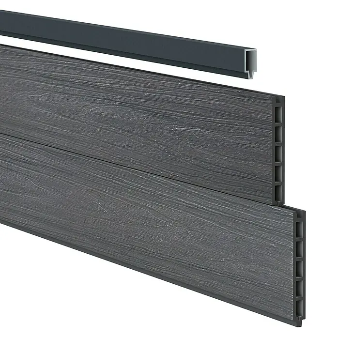 Dioco Valla Smartwall - An x Al: 177 x 100 cm, Antracita, Madera - Tablas de terraza de composite gris con borde a juego, diseñadas para un espacio al aire libre moderno y elegante.