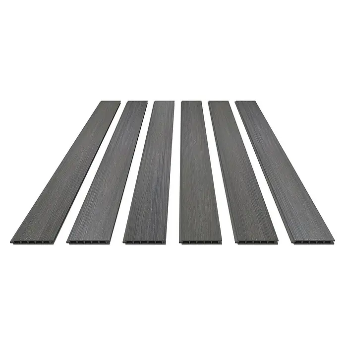 Dioco Valla Smartwall doble - 179 x 200 cm, Antracita, Madera - Seis tablas de terraza de composite gris, que ofrecen una opción moderna y duradera para cualquier espacio al aire libre.