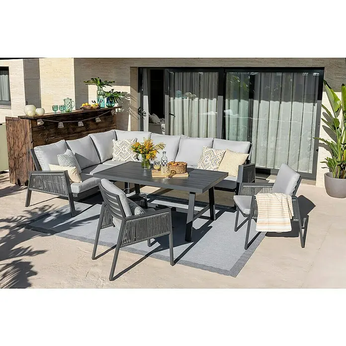 Sunfun Conjunto de muebles Moira - 4 pzs., Aluminio/Cuerda sintética, Antracita - Moderno juego de comedor para exteriores con mesa gris, sillones y sofá seccional sobre una alfombra, perfecto para la vida al aire libre relajada.