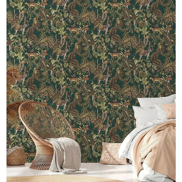 A.S. Création Michalsky 4 Vliestapete Dschungel - Grün, Tieroptik, 10,05 x 0,53 m - Dschungel-Tapete mit lebhaften Pflanzenmotiven, Zebras und Leoparden, verleiht jedem Raum eine exotische Note und schafft eine einzigartige Atmosphäre.