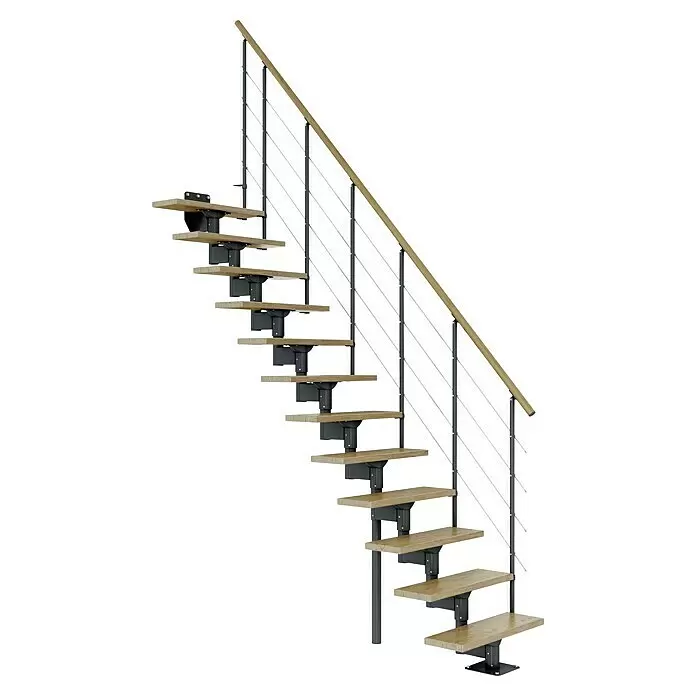 Dolle Mittelholmtreppe Boston - Breite: 74 mm, Anthrazitgrau, Gerade, Farbe Stufen: Eiche Natur, Geschosshöhe: 228 cm - 300 cm - Moderne freitragende Treppe mit hellen Holzstufen, dunkelgrauen Metallstützen und Holzhandlauf mit Seilgeländer.