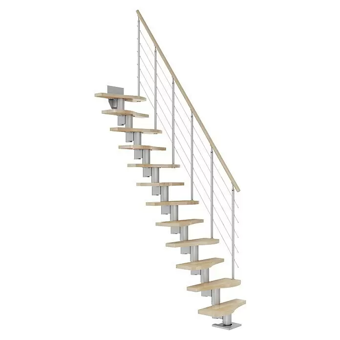 Dolle Mittelholmtreppe Basel - Breite: 64 mm, Perlgrau, Variabel, Farbe Stufen: Buche Natur, Geschosshöhe: 258 cm - 315 cm - Moderne Treppe mit hellen Holzstufen, silberner Metallstütze und Holzgeländer, für kompakte Räume.