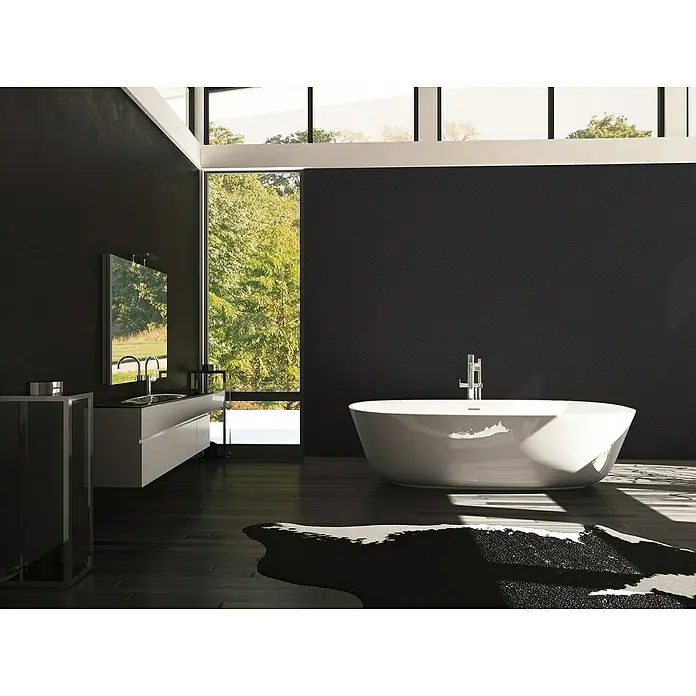 A.S. Création Daniel Hechter 6 Vliestapete 3D-Grafik - Schwarz, Grafisch, 10,05 x 0,53 m - Elegantes Badezimmer mit freistehender Badewanne, stilvollem Waschtisch und großem Fenster für natürliche Beleuchtung.