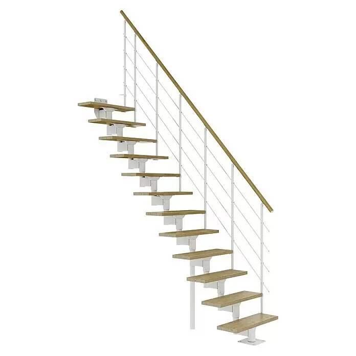 Dolle Mittelholmtreppe Boston - Breite: 74 mm, Verkehrsweiß, Gerade, Farbe Stufen: Eiche Natur, Geschosshöhe: 228 cm - 300 cm - Moderne freitragende Treppe mit hellen Holzstufen, weißen Metallstützen und weißem Seilgeländer mit Holzhandlauf.