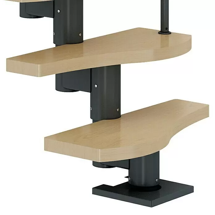 Dolle Mittelholmtreppe Basel - Breite: 64 mm, Anthrazitgrau, Variabel, Farbe Stufen: Ahorn Natur, Geschosshöhe: 240,5 cm - 299 cm - Modulare Treppe mit hellen Holzstufen und dunklem Metall-Mittelpfosten.