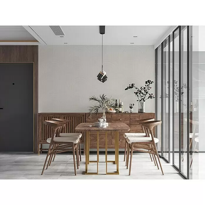 A.S. Création My Home My Spa Vliestapete Kreisdesign - Weiß, Grafisch, 10,05 x 0,53 m - Moderner Essbereich mit Holztisch mit goldenen Beinen, Holzstühlen mit hellen Sitzen und passendem Holz-Sideboard.