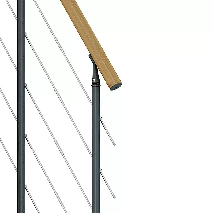 Dolle Mittelholmtreppe Basel - Breite: 64 mm, Anthrazitgrau, Variabel, Farbe Stufen: Eiche Natur, Geschosshöhe: 258 cm - 315 cm - Modernes Geländersystem mit dunkelgrauen Pfosten, hellem Holzhandlauf und dünner Silberseilfüllung.