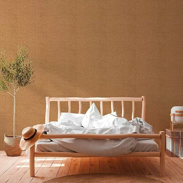 A.S. Création Hygge 2 Vliestapete Geometrie - Orange, Grafisch, 10,05 x 0,53 m - Strukturierte braune Tapete mit subtilem Webmuster in einem gemütlichen Schlafzimmer.