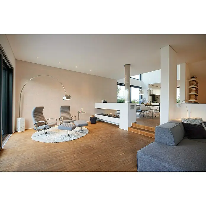A.S. Création My Home My Spa Vliestapete Kreisdesign - Rosè, Grafisch, 10,05 x 0,53 m - Helle und moderne Wohnräume mit stilvollen Möbeln, einem eleganten Kamin und einem offenen Übergang zum Essbereich.