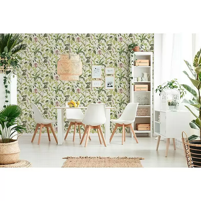 A.S. Création Michalsky 4 Vliestapete Allover mit Ranken - Grün/Weiß, Floral, 10,05 x 0,53 m - Tapete mit botanischem Muster aus grünen Blättern und rosa Blüten, die eine Esszimmerwand schmückt.