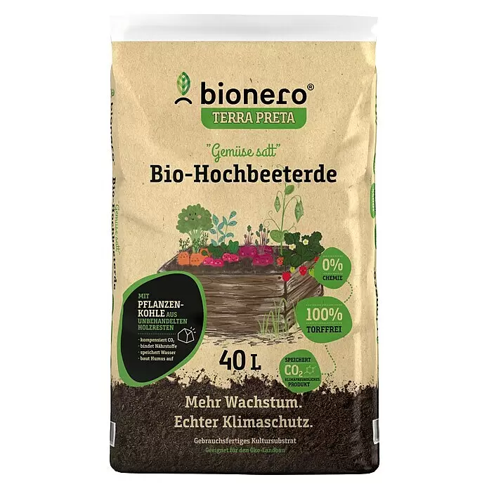 bionero Terra Preta Bio-Hochbeeterde Gemüse satt - 40 l - Brauner Papiersack bionero Bio-Hochbeeterde (40 L) mit Pflanzenkohle, torffrei und chemiefrei. Ideal für Gemüse im Hochbeet, speichert CO2.