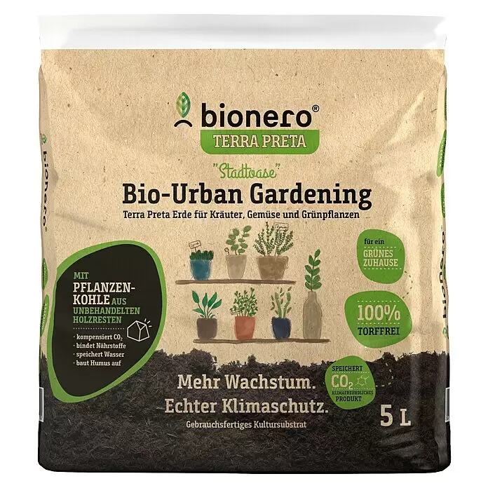 bionero Terra Preta Bio-Erde Stadtoase - 5 l - Brauner Papiersack Bionero Terra Preta Bio-Urban Gardening Erde, 100% torffrei, 5L. Enthält Pflanzenkohle zum Klimaschutz.