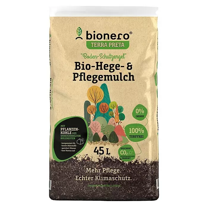 bionero Terra Preta Rindenmulch Hege- & Pflegemulch - 45 l - Braune Kraftpapiertüte bionero TERRA PRETA Bio-Hege- & Pflegemulch, 45L. Mit Pflanzenkohle, 100% torffrei, 0% Chemie, speichert CO2.