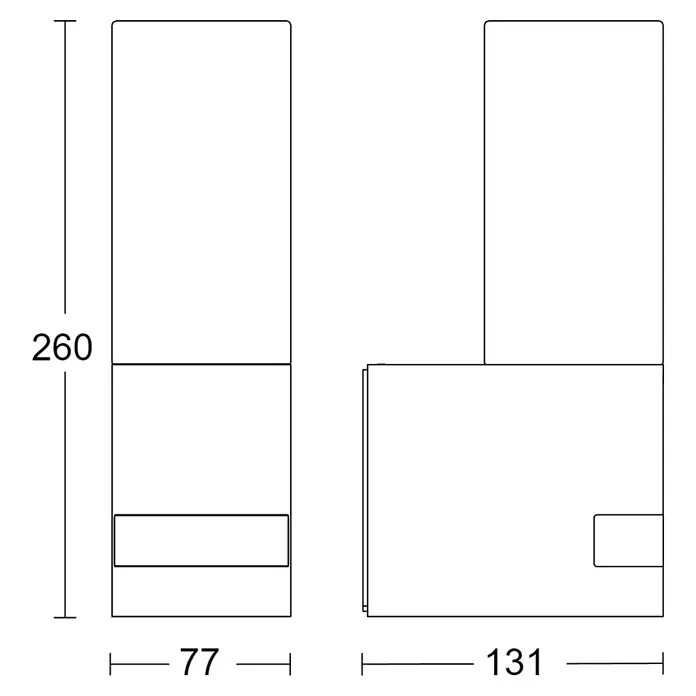 Steinel LED-Sensor-Außenwandleuchte L 605 S anthrazit - 11,3 W, L x B x H: 13,1 x 7,8 x 26 cm, Anthrazit, Warmweiß - Produktansicht mit Maßangaben: Einbauschrank mit den Maßen 260 Höhe, 77 Breite (links) und 131 Breite (rechts).