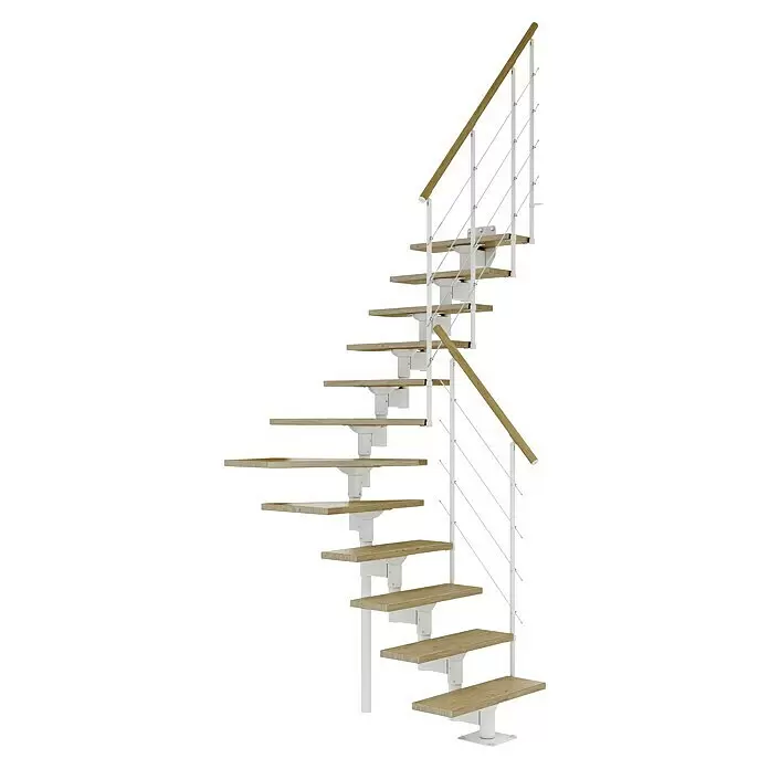 Dolle Mittelholmtreppe Boston - Breite: 74 mm, Verkehrsweiß, 1/4-gewendelt, Farbe Stufen: Eiche Natur, Geschosshöhe: 228 cm - 300 cm - Moderne freitragende Treppe mit hellen Holzstufen, weißen Metallstützen und Holzhandlauf.